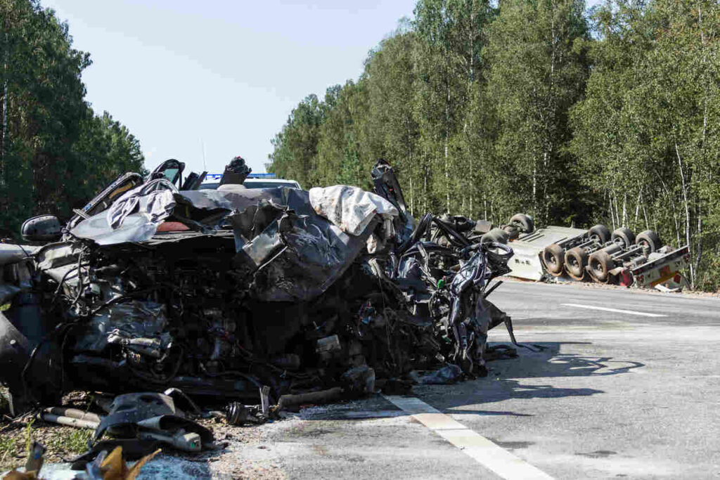 A severe highway crash in Los Angeles County caused by improper cargo securement, resulting in wrecked vehicles and a flipped truck.